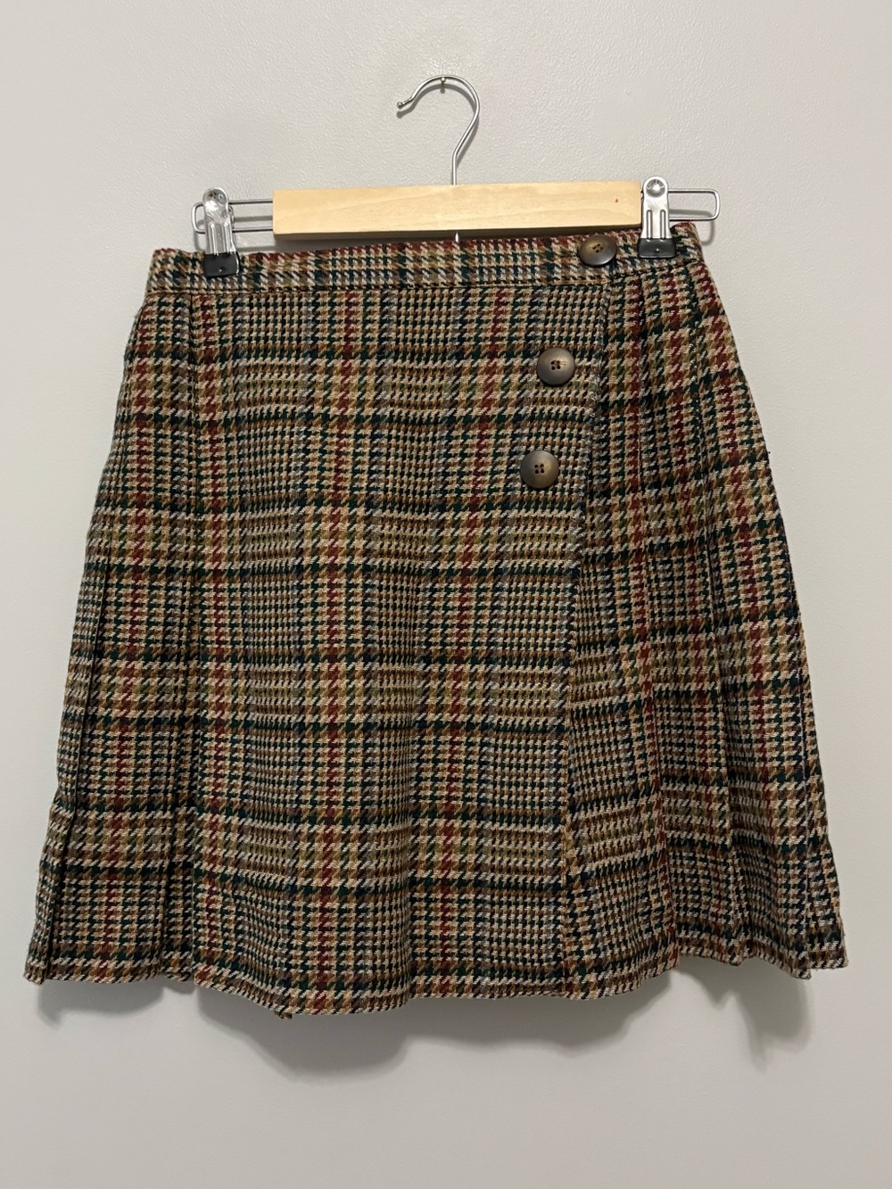 Vintage Studio C Preppy Academia Brown Plaid Button-Front A-Line Pleated Skirt